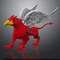 Red Griffin Sculpture With White Wings And Yellow Beak On Black Background