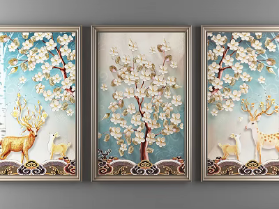Decorative Animal Paintings With Deer Cherry Blossom Trees Blue Background And Frames 3d model