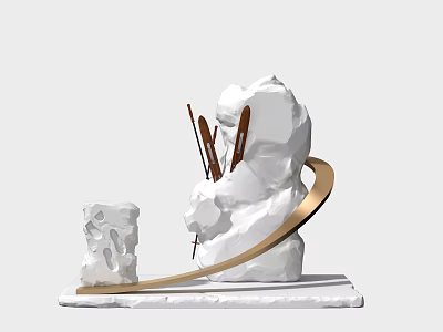 Window Display with White Rock Structures Brown Decorative Sticks and Golden Curved Decoration 3d model