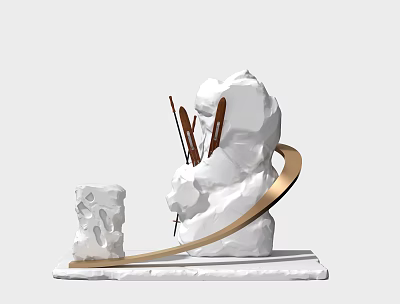 Window Display with White Rock Structures Brown Decorative Sticks and Golden Curved Decoration 3d model