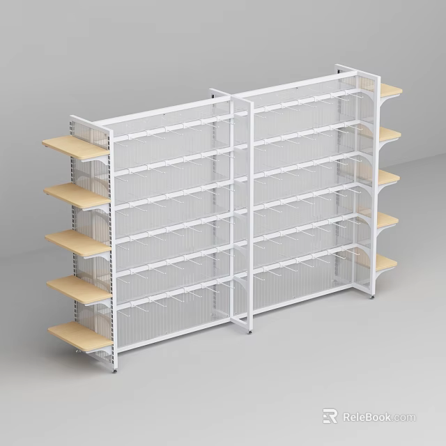 Convenience Store Shelf Unit With White Metal Frame And Multiple Wooden Shelves 3d model 