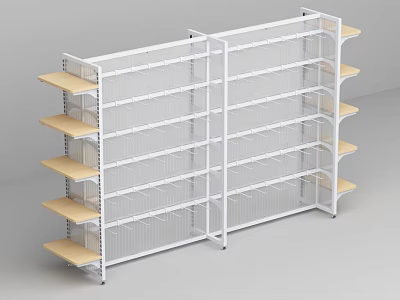 Convenience Store Shelf Unit With White Metal Frame And Multiple Wooden Shelves 3d model
