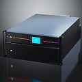 Black Rectangular Electronic Device With Blue Display Screen And Orange Purple Indicators
