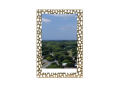 Decorative Mirror With Golden Frame Intricate Cutout Design Reflecting Green Trees And Blue Sky 3d model