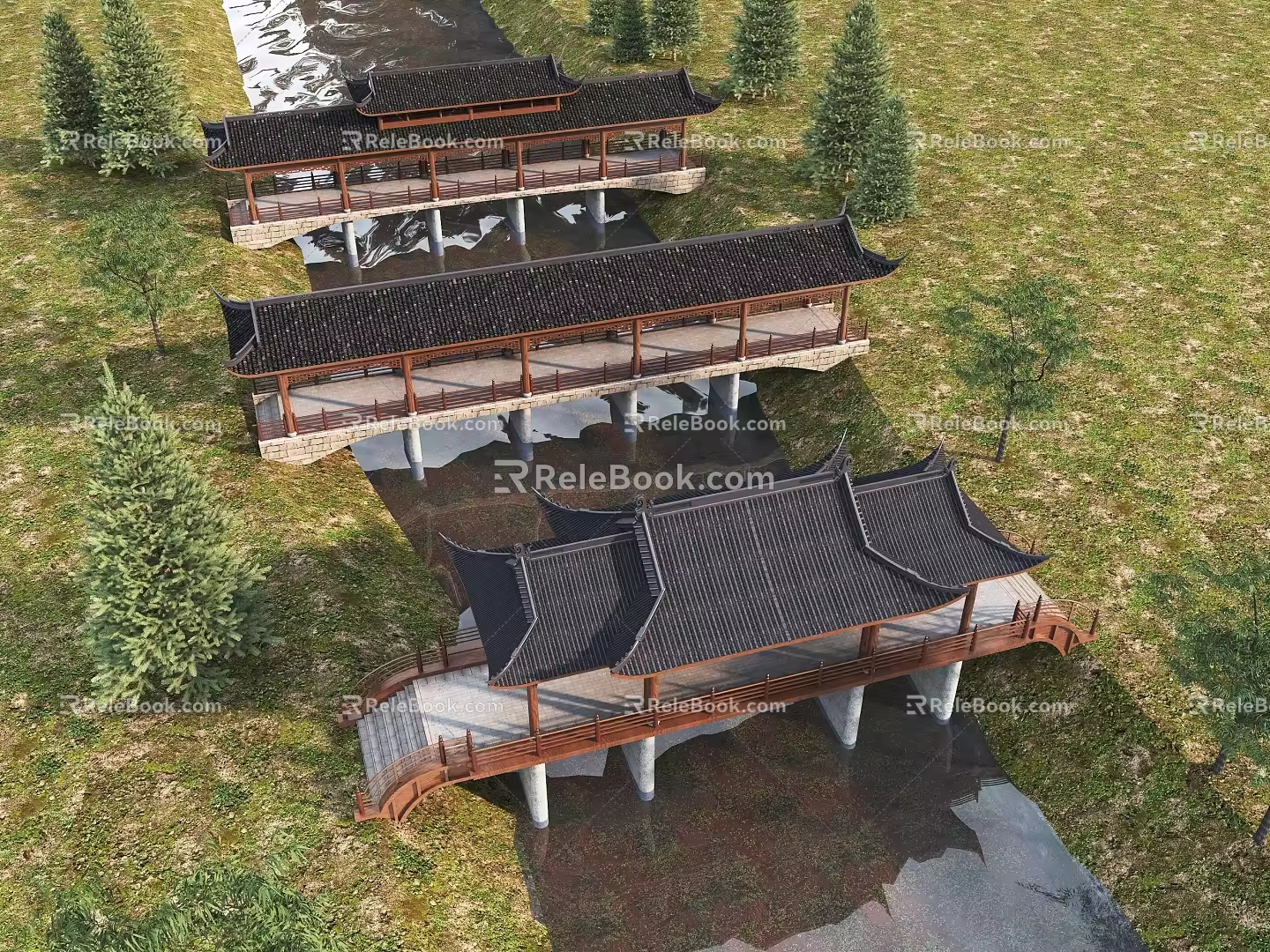 Chinese-style bridge network red bridge 3d 3d model