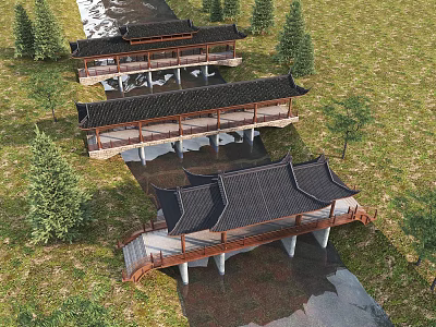 Ancient Chinese Covered Bridge with Black Tiles Wooden Corridor Over River Grassland Pine Trees 3d model