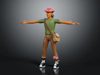 Character Wearing Red Hat Green T-Shirt with Brown Bag and Small Butterflies Around Outstretched Arms 3d model