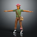 Character Wearing Red Hat Green T-Shirt with Brown Bag and Small Butterflies Around Outstretched Arms