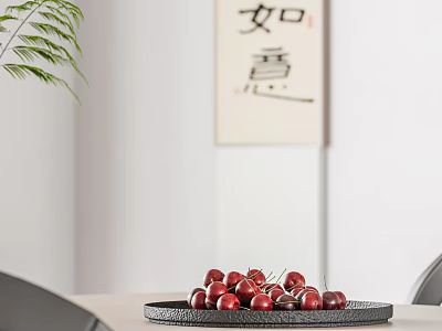 Stylish Black Plate With Fresh Cherries On Dining Table Near Green Plant And Calligraphy Art 3d model