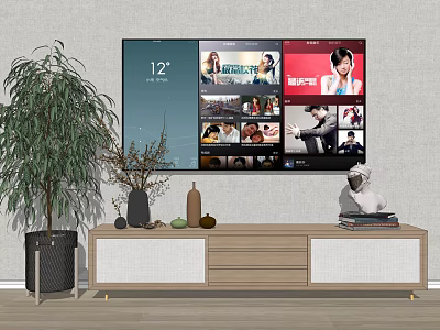 Modern Wooden TV Stand With TV Decorative Vases Sculpture Potted Plant And Stacked Books 3d model