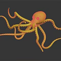 Red Octopus with White Spots on Tentacles and Yellow Eyes Against Black Background