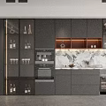 Modern Kitchen Wine Cabinet With Glass Doors Wine Bottles And Marble Countertop