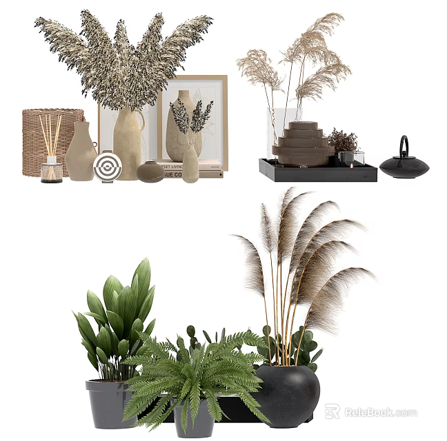 Stylish Decorative Ornament Set With Greenery Reed Grass Terracotta Vases And Woven Decor 3d model 