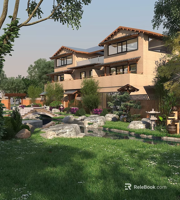 Traditional Japanese Style Guesthouse Building With Courtyard Stone Stream Greenery And Lanterns 3d model 