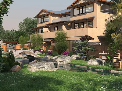 Traditional Japanese Style Guesthouse Building With Courtyard Stone Stream Greenery And Lanterns 3d model