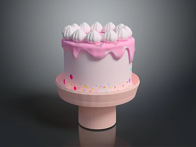 Pink Frosting Dripping Cake with White Meringue Swirls and Colorful Sprinkles on Pink Stand 3d model