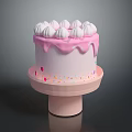 Pink Frosting Dripping Cake with White Meringue Swirls and Colorful Sprinkles on Pink Stand
