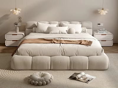 Soft Beige Double Bed With Pillows Throw Blanket Nightstands Pendant Lights Rug Cushion And Magazine 3d model