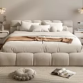 Soft Beige Double Bed With Pillows Throw Blanket Nightstands Pendant Lights Rug Cushion And Magazine