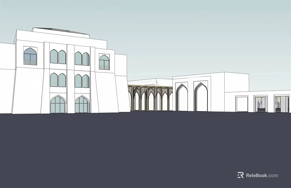 Classic Traditional Commercial Street With White Buildings Arched Windows And Arcades 3d model 