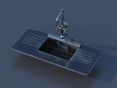 Stainless Steel Kitchen Sink With Modern Faucet And Integrated Countertop Ledge 3d model