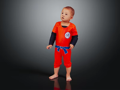 Man In Orange Jumpsuit With Blue Belt And Logo Standing Barefoot On Black Background 3d model