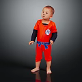 Man In Orange Jumpsuit With Blue Belt And Logo Standing Barefoot On Black Background