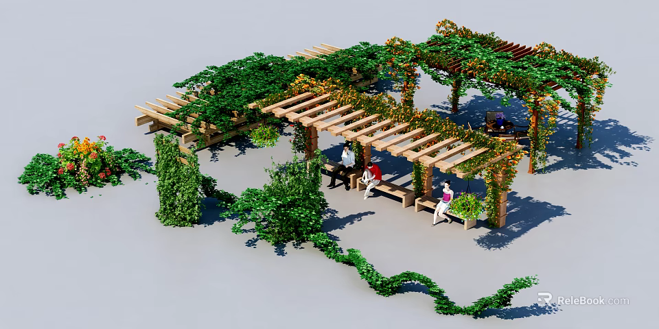 Vines Covered Wooden Pergola Creating Cozy Outdoor Seating Area With People And Green Plants 3d model 