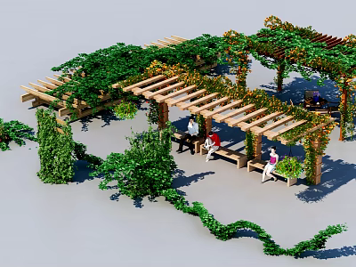 Vines Covered Wooden Pergola Creating Cozy Outdoor Seating Area With People And Green Plants 3d model