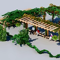 Vines Covered Wooden Pergola Creating Cozy Outdoor Seating Area With People And Green Plants