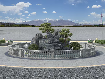 Garden Landscape with Circular Stone Railing Rockery Pine Trees Blue Sky White Clouds and Mountains 3d model