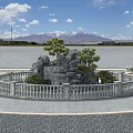 Garden Landscape with Circular Stone Railing Rockery Pine Trees Blue Sky White Clouds and Mountains