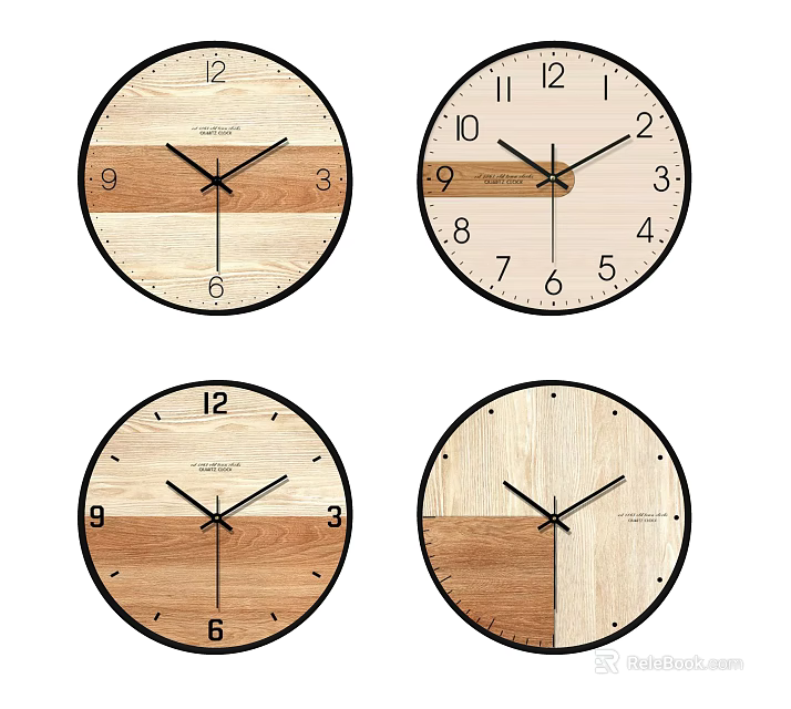 Modern Wooden Wall Clocks With Various Wood Grain Designs And Black Frames In Minimalist Style 3d model 