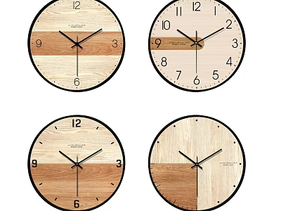 Modern Wooden Wall Clocks With Various Wood Grain Designs And Black Frames In Minimalist Style 3d model