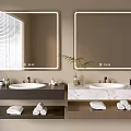 Modern Bathroom Vanity with Open Shelves Double Backlit Mirrors Marble Countertop and Towels