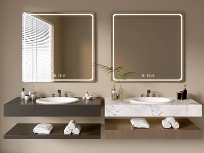 Modern Bathroom Vanity with Open Shelves Double Backlit Mirrors Marble Countertop and Towels 3d model