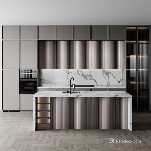 Modern Kitchen Interior With Gray Cabinets Marble Countertop Island And Vertical Striped Backsplash 3d model 
