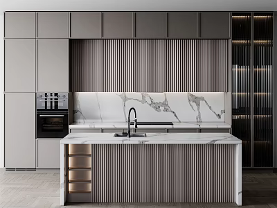 Modern Kitchen Interior With Gray Cabinets Marble Countertop Island And Vertical Striped Backsplash 3d model