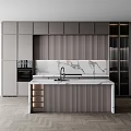 Modern Kitchen Interior With Gray Cabinets Marble Countertop Island And Vertical Striped Backsplash