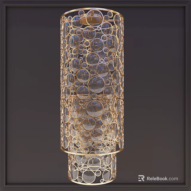 Elegant Cylindrical Chandelier With Golden Metal Frame And Circular Transparent Bubbles 3d model 