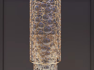 Elegant Cylindrical Chandelier With Golden Metal Frame And Circular Transparent Bubbles 3d model