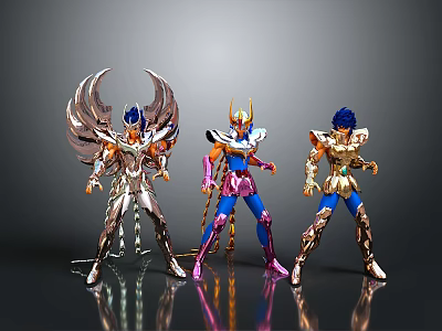 Game and Movie Characters Armored Figures in Silver Blue and Gold Armor with Dynamic Poses 3d model