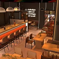 Modern Bar Interior With Chandelier Lighting Wooden Counter Tables Chairs And Green Plant