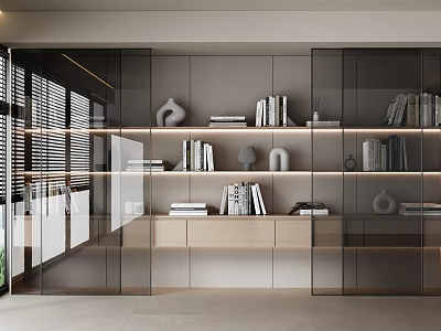 Modern Bookcase Design With Glass Doors Wooden Shelves Neatly Arranged Books And Decorative Items 3d model
