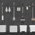 Organized Wall Mounted Cleaning Tools With White Storage Bins On Gray Wall 3d model