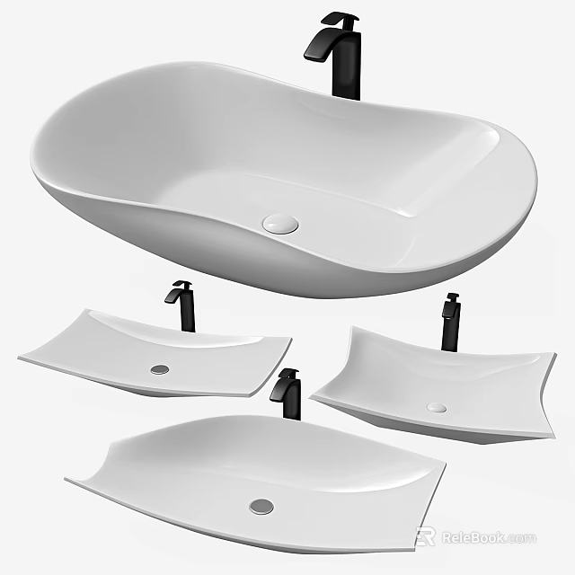 Modern White Washbasins In Various Shapes With Black Faucets Design 3d model 