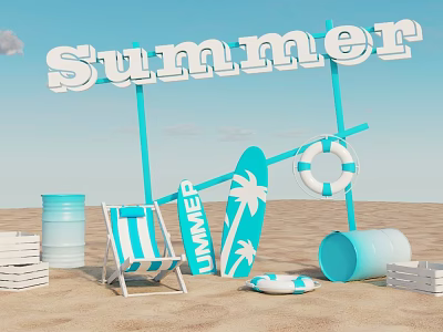 Summer Beach Scene With Beach Chair Surfboard Lifebuoy Barrels And Wooden Crates 3d model
