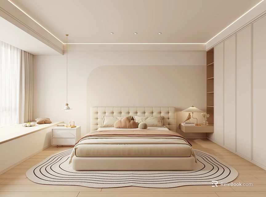 Modern Bedroom Interior Design With Beige Bed Pillows Nightstands Table Lamps And Black White Striped Rug 3d model 