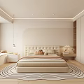 Modern Bedroom Interior Design With Beige Bed Pillows Nightstands Table Lamps And Black White Striped Rug