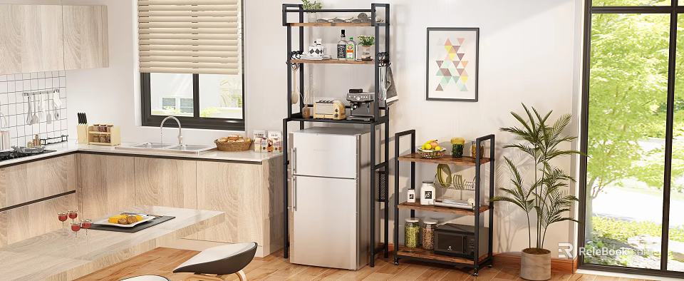 Multi layer Metal and Wood Kitchen Cabinets Shelves Organizing Coffee Maker Fruits Jars in Natural Light 3d model 